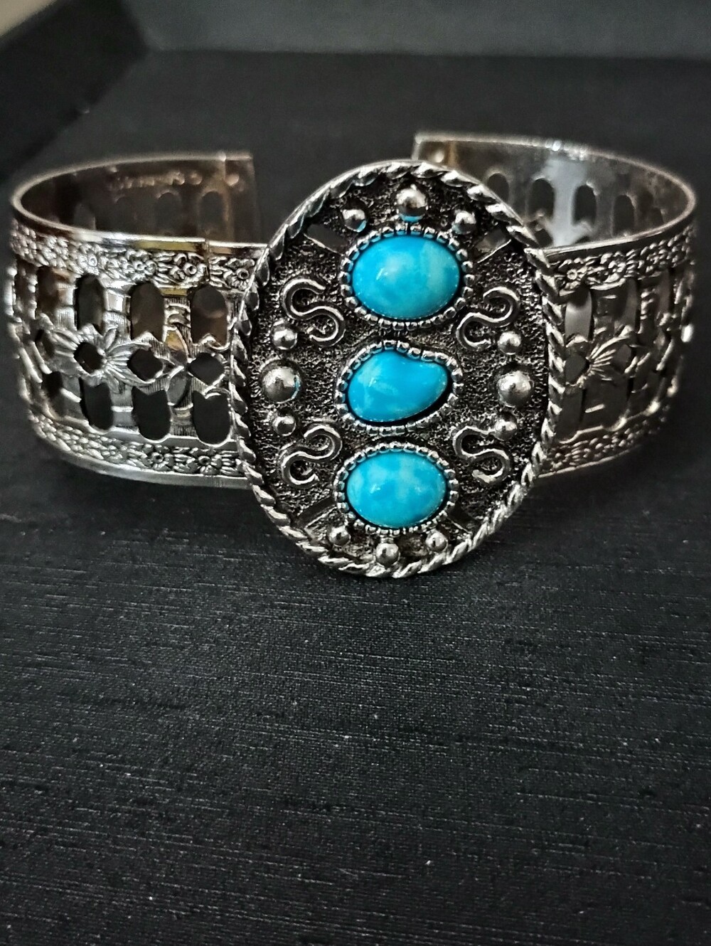 Vintage Silver-Tone Cuff Bracelet with Turquoise Stones By Sara Coventry